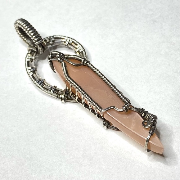 Sterling Silver Pendant 925 Wire Wrapped Point Cut Peach Moonstone 2 3/4 - Picture 9 of 11